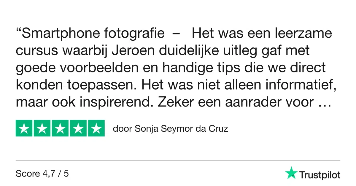 Smartphone Fotografie Workshop Rotterdam 3 Fotografie Ploeg Benelux B.V. Trustpilot Review Sonja Seymor da Cruz