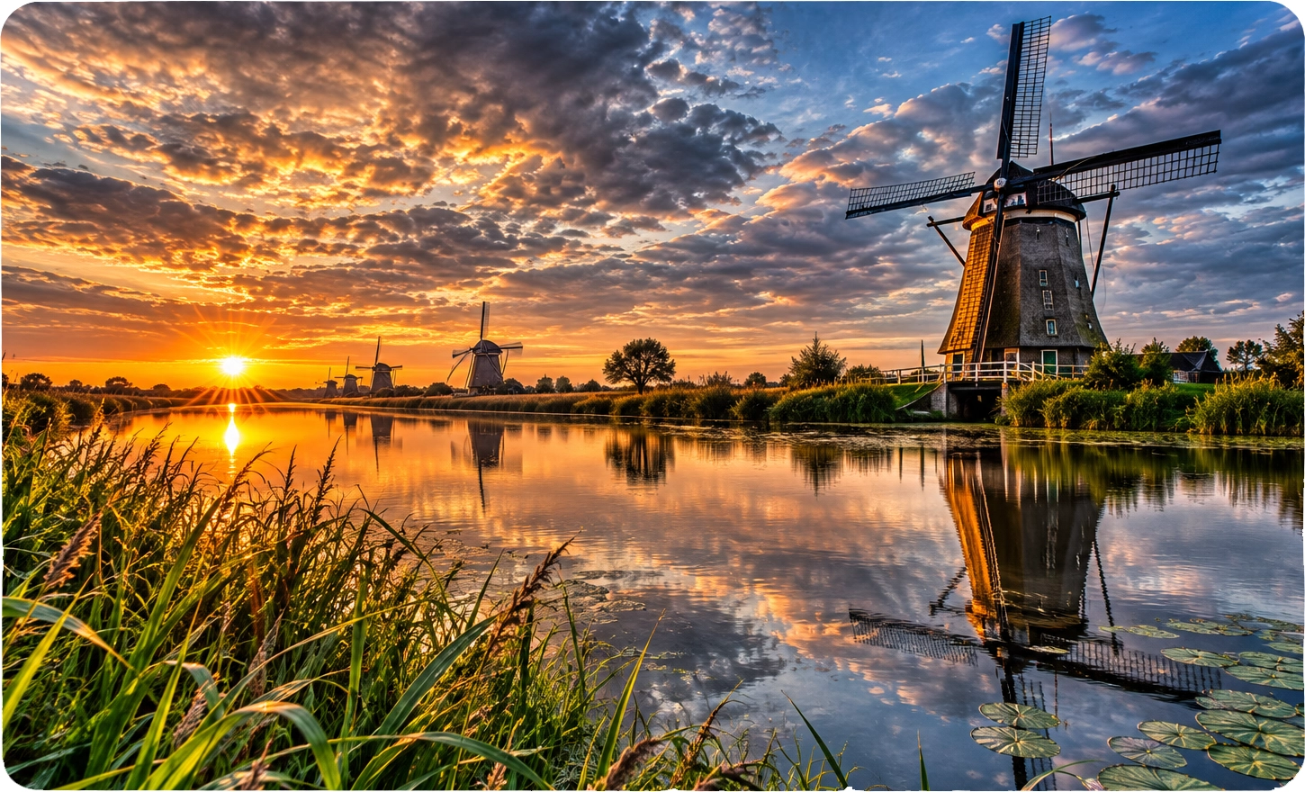HDR landschapsfoto met molens tijdens zonsondergang