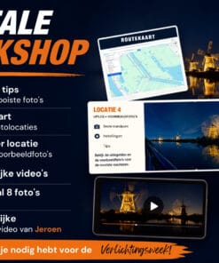 Digitale workshop Verlichtingsweek Kinderdijk met routekaart, fototips, voorbeeldfoto's en persoonlijke feedback