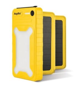 Gele Aqiila Powerbird BS10 powerbank met ledlamp en uitgeklapte zonnepanelen