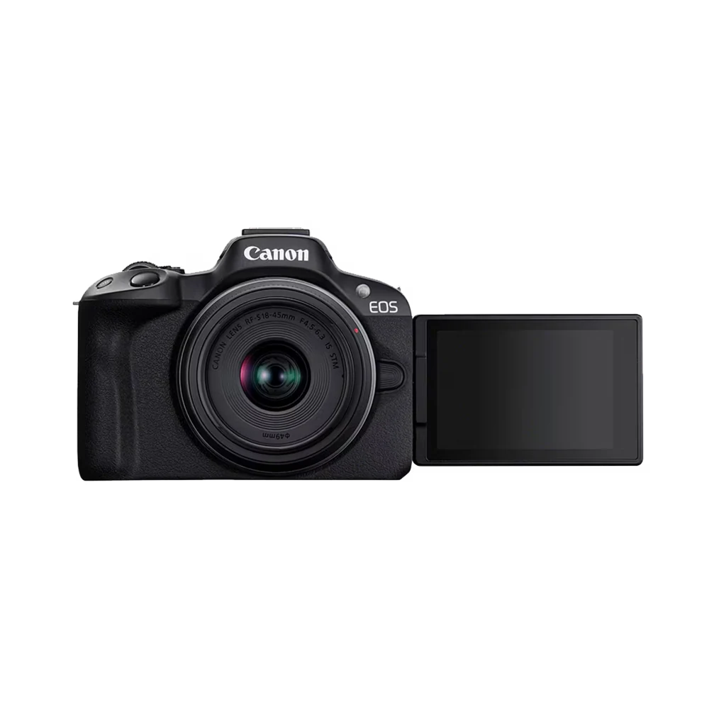 Canon EOS R50 review: is dit een goede camera voor beginners? 3 Canon EOS R50 met het kantelbare scherm naast de camera uitgeklapt