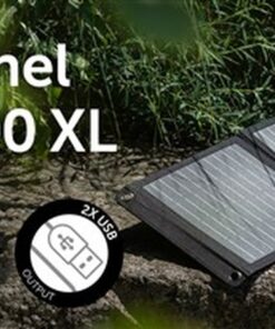 Dörr PB-10000 XL zonnepaneel uitgeklapt op een boomstam naast een smartphone